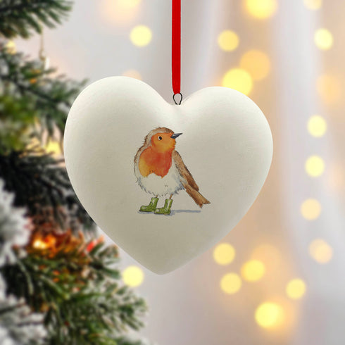 Heart Bobbin Robin Ceramic Bauble